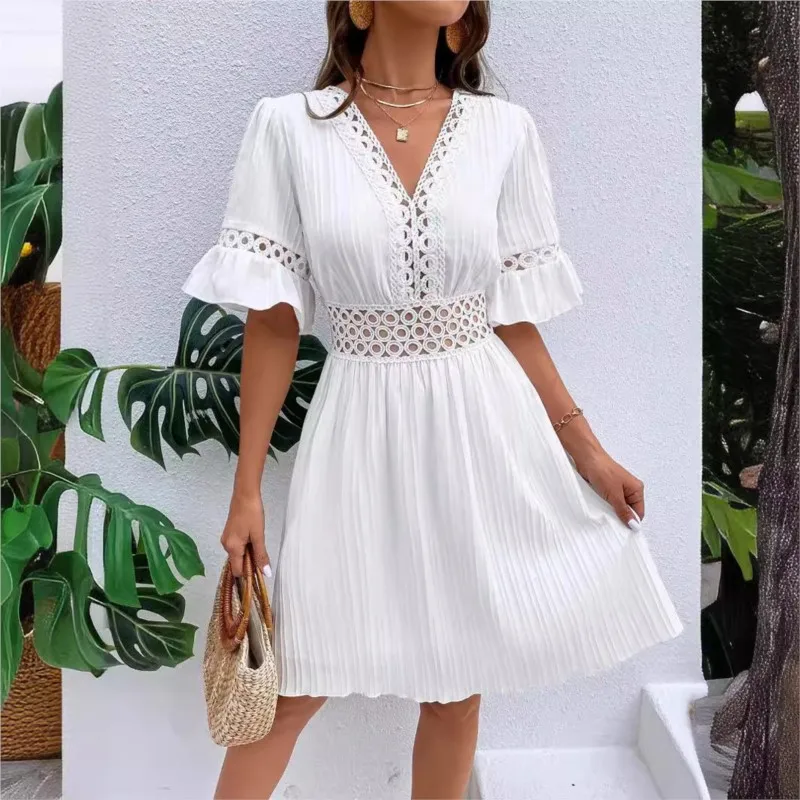 

White Dress 2024 Women Summer New Patchwork Lace Fashionable V-neck Solid Color Dress Female Sexy Hollow Out Knee-Length Dresses