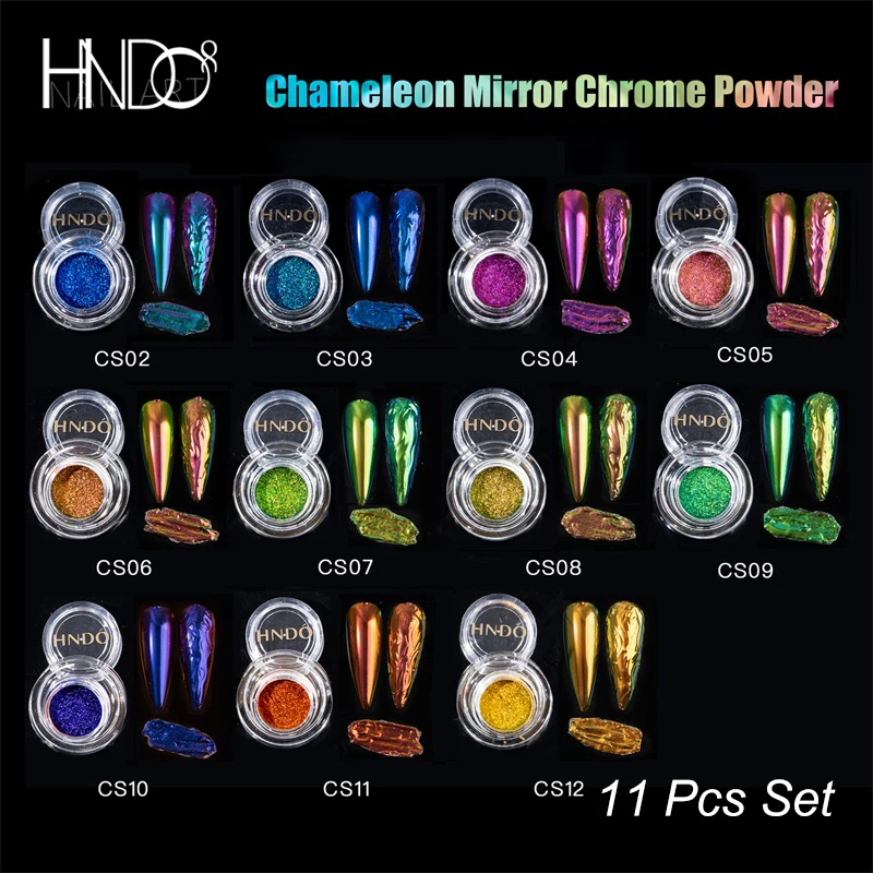 

HNDO Colorful 11 Colors Set Chameleon Glitter Chrome Mirror Powder Metallic Effect Nail Art Manicure Cosmetic Grade Pigment Dust