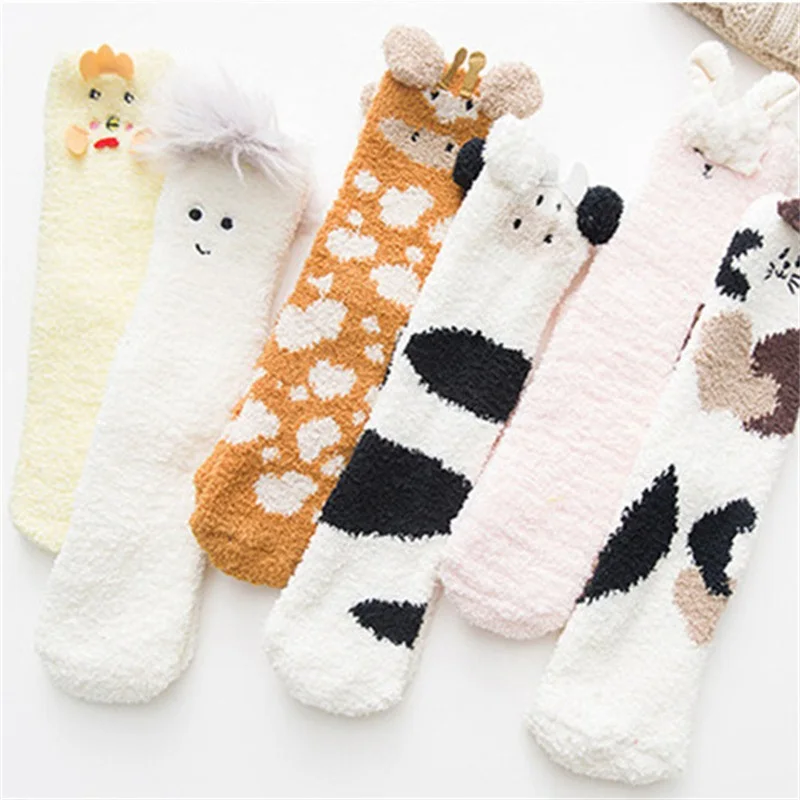 

1 Pair Adults Socks Cartoon Cat Rabbit Alpaca Giraffe Chick Fuzzy Fluffy Thickened Stretchy Keep Warm Coral Fleece Autumn Winter