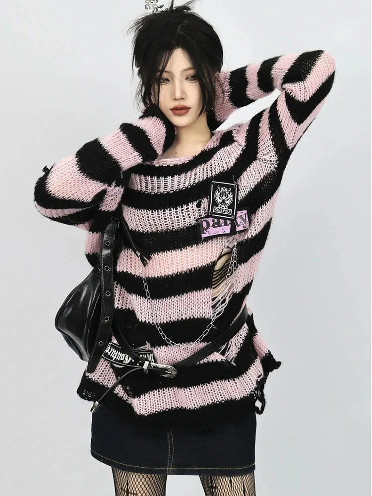 

Женский полосатый свитер QWEEK Y2k, Розовый пуловер в японском стиле Харадзюку, трикотажный пуловер в готическом стиле с вырезами в стиле «Лолита», трикотажная одежда в стиле 1920-х