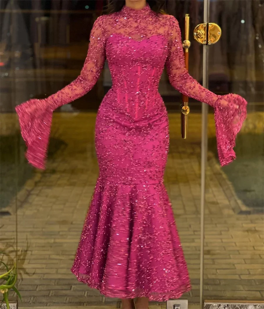Fuchsia High Neck Lace Mermaid Prom Dresses Ankle Length Flare Sleeves Evening Party Gowns Vestidos De Noche Largos Elegantes
Fuchsia High Neck Lace Mermaid Prom Dresses Ankle Length Flare Sleeves Evening Party Gowns Vestidos De Noche Largos Elegantes