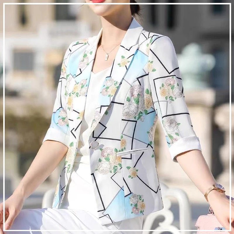 

2024 New Spring and Summer Urban Commuting Style OL Fashion Print Slim Fit Versatile Three Quarter Single Breasted Suit Coat