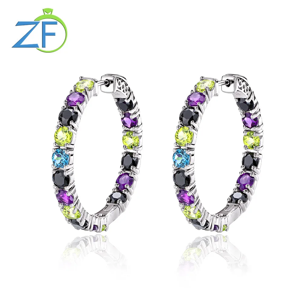 

GZ ZONGFA New Fashion Natural Blue Topaz Amethyst Multi Gemstone Custom Jewelry 925 Sterling Silver Large Hoop Earrings Women