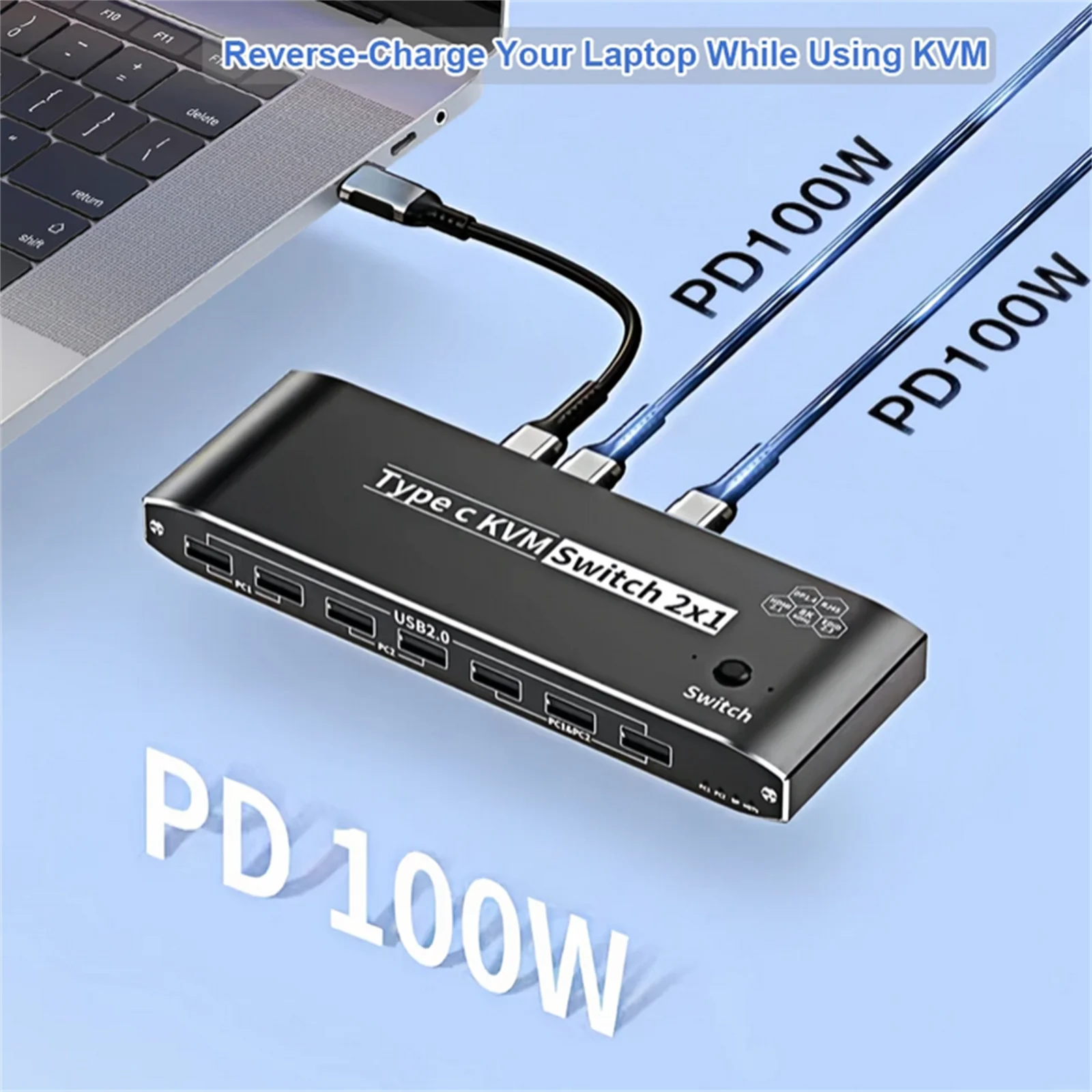 

2x1 8K Thunderbolt 4-Port USB C KVM Switch RJ45 100W PD Charge 4K 144Hz Type C KVM Switch Switcher For 2 Computer 1 Monitor