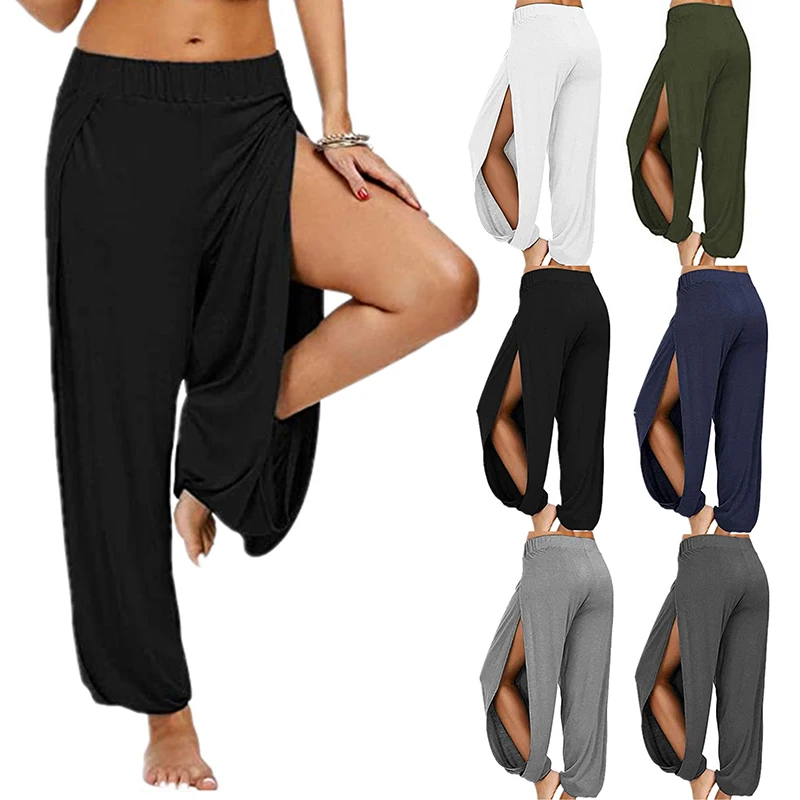 

Women Sports Yoga Pants Summer High Slit Haren Pants Solid Loose Hippie Harem Wide Leg Pants Trousers