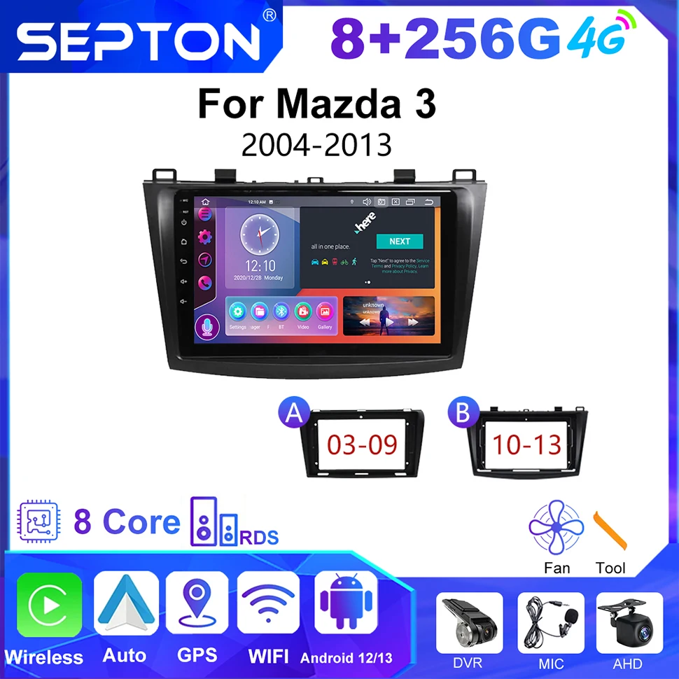 

SEPTON 2DIN Car Radio for Mazda 3 2004-2013 GPS Stereo Navigation Multimedia Player 4G Carplay Android 12 9" Autoradio Head Unit