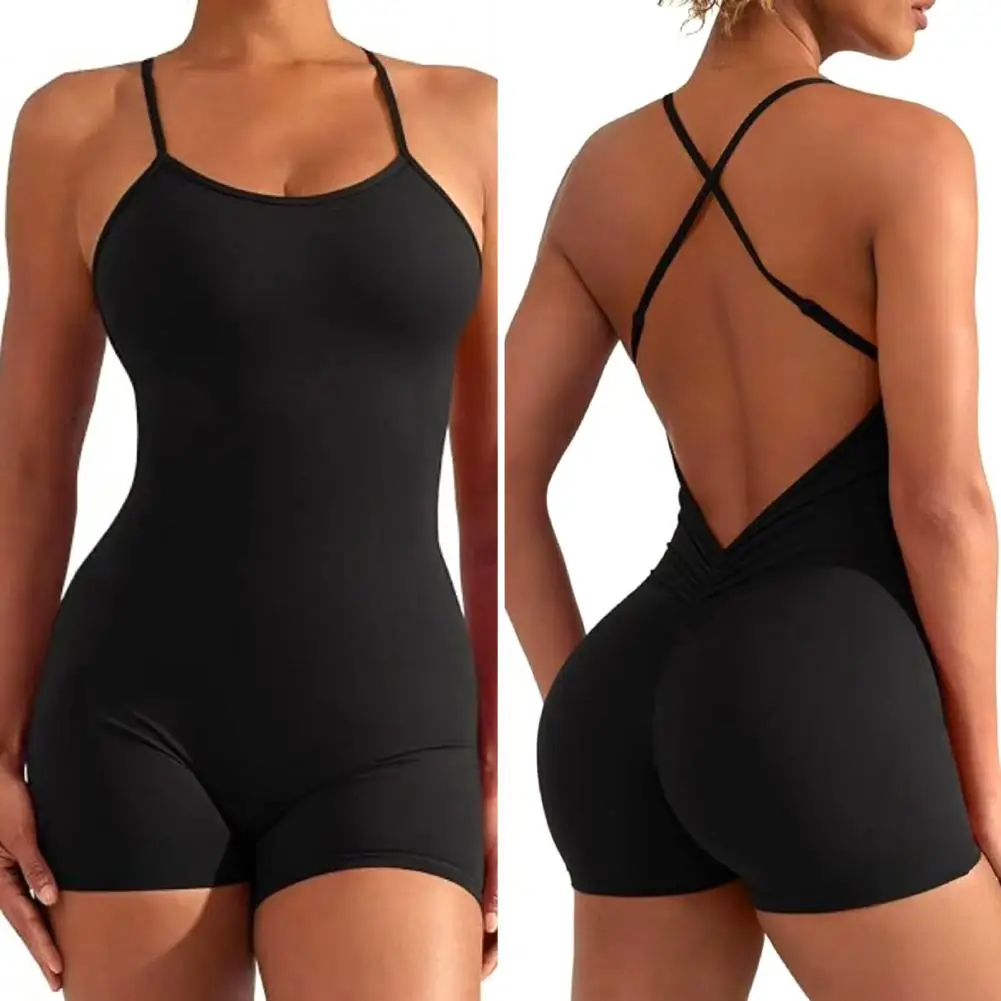 

Slim-fitting Yoga Romper Ribbed Romper Stylish Women's Summer Yoga Romper with Cross Back Design High Elasticity Soft for Beach