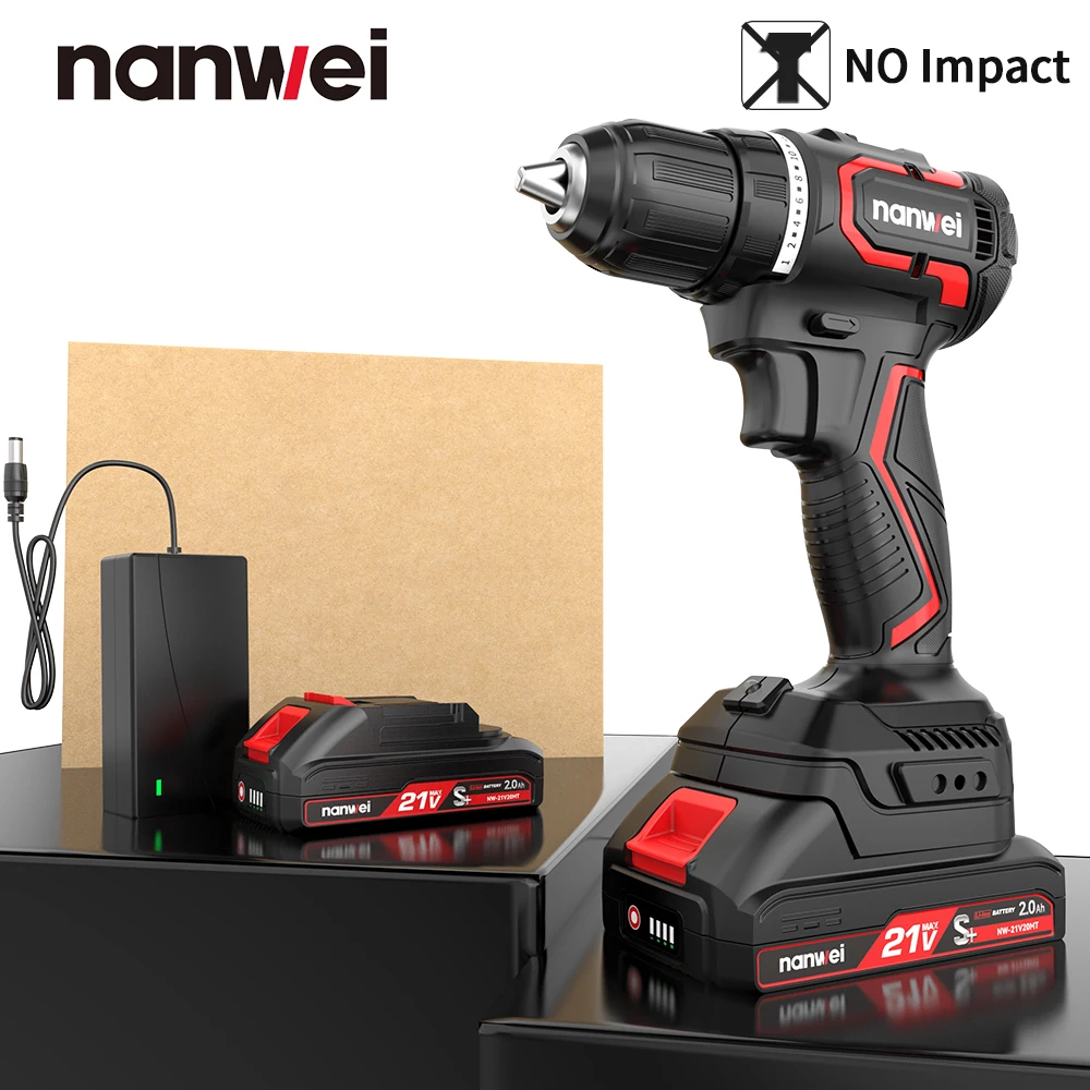

Brushless 21V Electric Drill Household Hand Drill Nanwei 10MM Rechargeable Screwdriver 60NM Dual Speed Impact Electric Drill