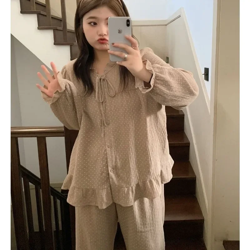 

2024 New Cotton Extra Large Women's Loungewear French Casual Pajamas Autumn Winter Homewear Set Falbala Loose Sweet Sleepwear