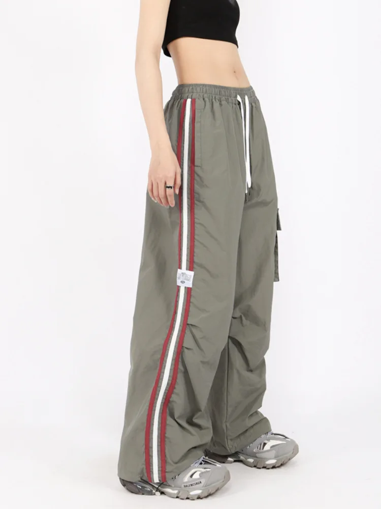 

Y2K Kpop Cargo Pant Women Drawstring Pockets Wide Leg Chic Punk Pants Baggy Striped Sports Sweatpants Parachute Jogger Trousers