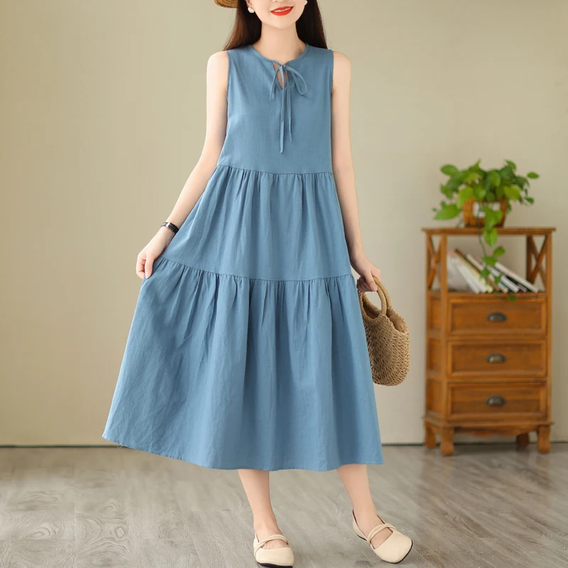 

Oversize Cotton Women's French Fashion Vest Dress 2024 Summer Loose Casual Seaside Vacation Sleeveless Solid Robe Sundress X1128