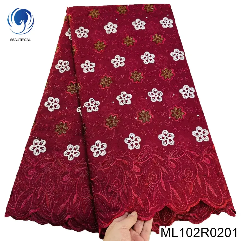 

African Cotton Embroidered Evening Dress with Delicate White Plant Flowers, Nigerian Swiss Voile, Wine Red Lace Fabric, ML102R02