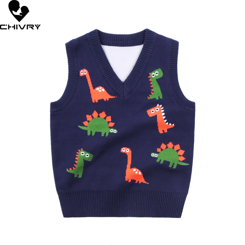 

Baby Autumn Winter Knitted Sweater Vest Kids Boys Girl Cartoon Dinosaur V-Neck Pullover Vest Tops Waistcoat Children Clothing