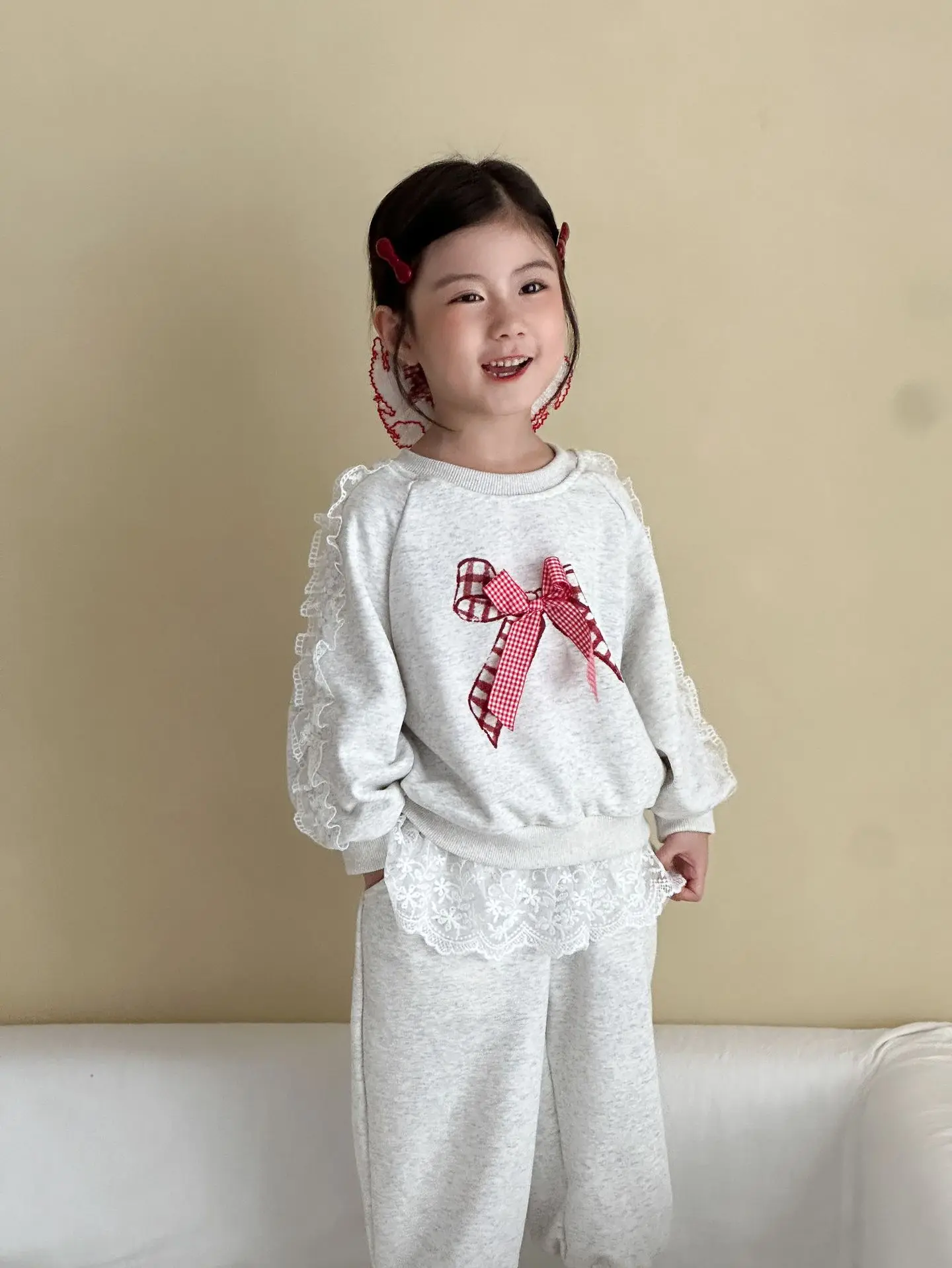 2025 Autumn New Children Long Sleeve Clothes Set Girls Lace Bow Sweatshirt + Sweat Pants 2pcs Suit Cotton Kids Casual Outfits 16 S94402eb844204abb90ed863821dbafb2e