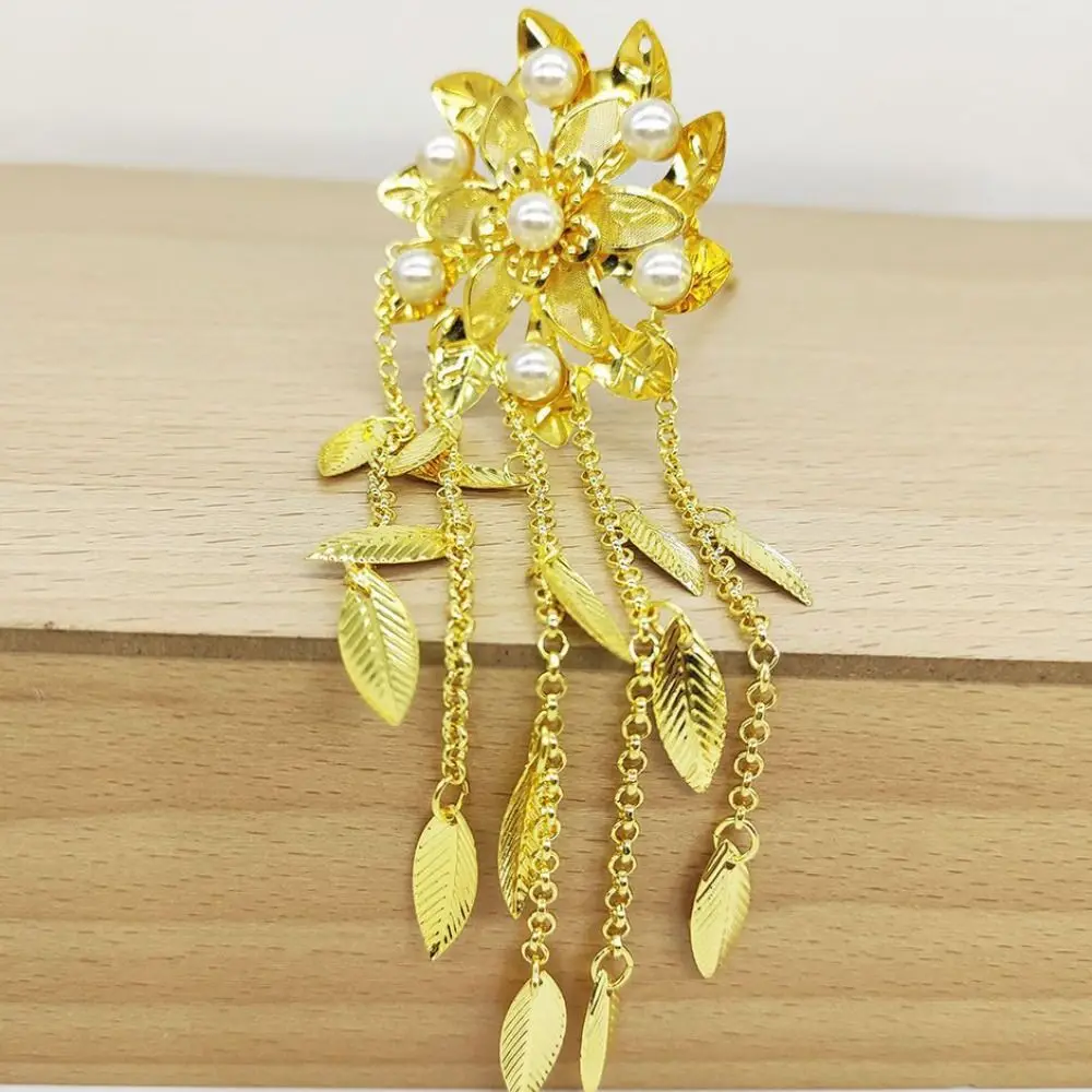 

Ancient Style Headwear Thai Headdress Ancient Hanfu Headwear Leaf Metal Hair Sticks Flower Gold Tassels Hairpin