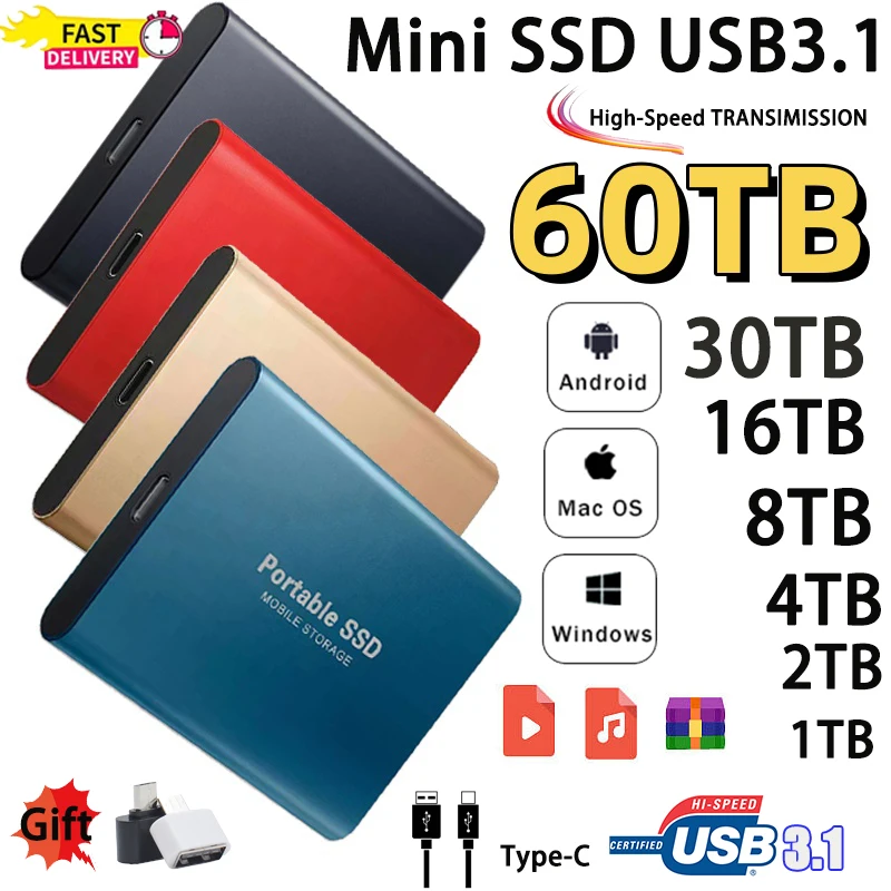 

High-Speed SSD 1TB 2TB Portable External Hard Drive USB 3.1/Type-C Mobile Storage Hard Disk for Laptops/Desktop/Mac/Smartphone
