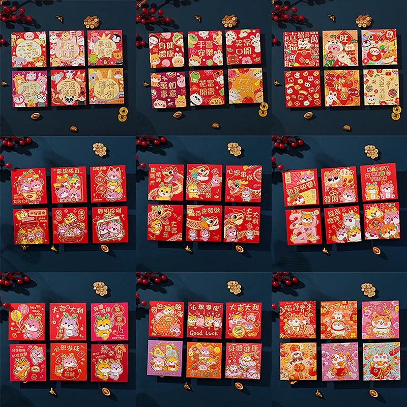 

6 Pcs/set 2024 Dragon Year Red Packet Cute Dragon Pattern Red Envelopes New Year Gift Luck Bless Money Pocket