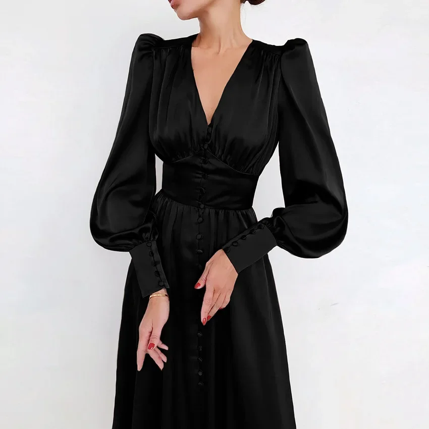 

Autumn Female Fashion Lantern Sleeve A-Line Soild V-Neck Maxi Dress High Waist Slim Elegant New Spring Women Party Dress