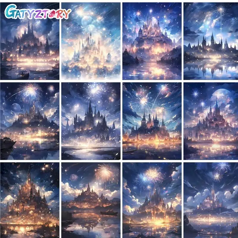 

Oil Painting By Numbers Fireworks Castle Landscape With Frame Drawing Paints On Canvas Picture Coloring By Number Decoration