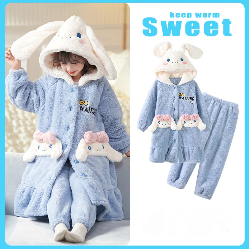 

Sanrio Mymelody Kuromi Cinnamoroll пижамы Аниме Kawaii Мультфильм утолщенный коралловый бархат домашняя одежда для девочек теплый милый комплект пижам для малышей