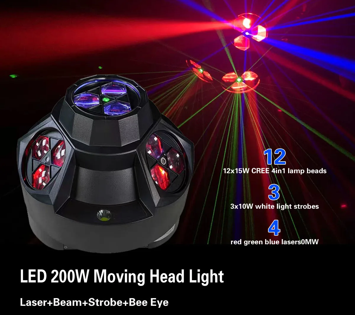 

LED Moving Head Laser Light 200W 4in1 Beam Pattern Strobe Lights RGBW Bee Eye Rotating For DJ Disco Bar Party Wedding DMX Stage
