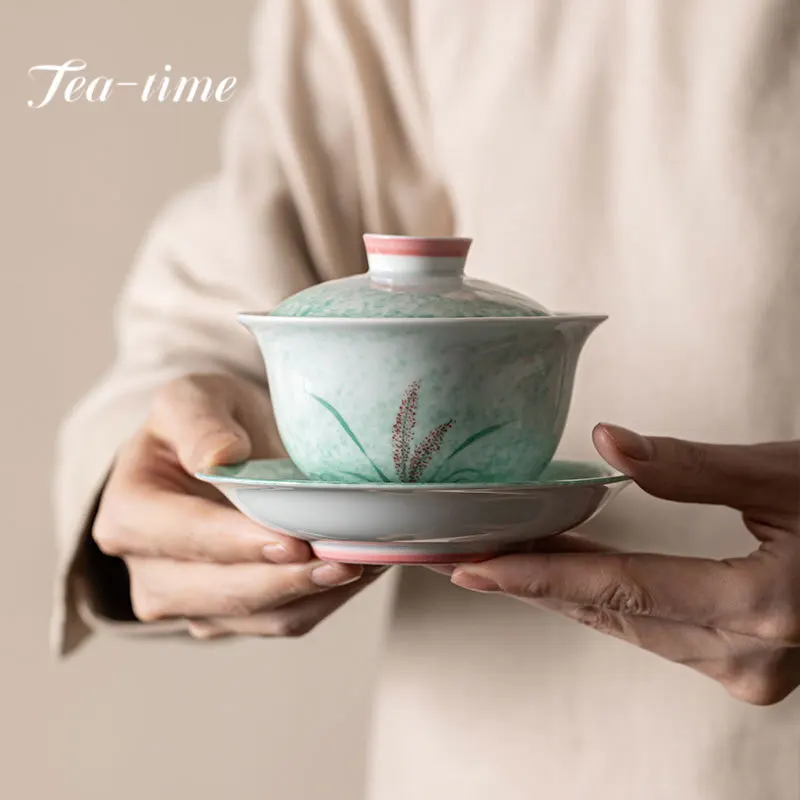 

180ml Pure Hand-painted Reed Ceramic Gaiwan Zen Tea Ceremony Equipment Maker Cup Saucer Cha Cover Bowl Teaset Brewing Tureen Lid