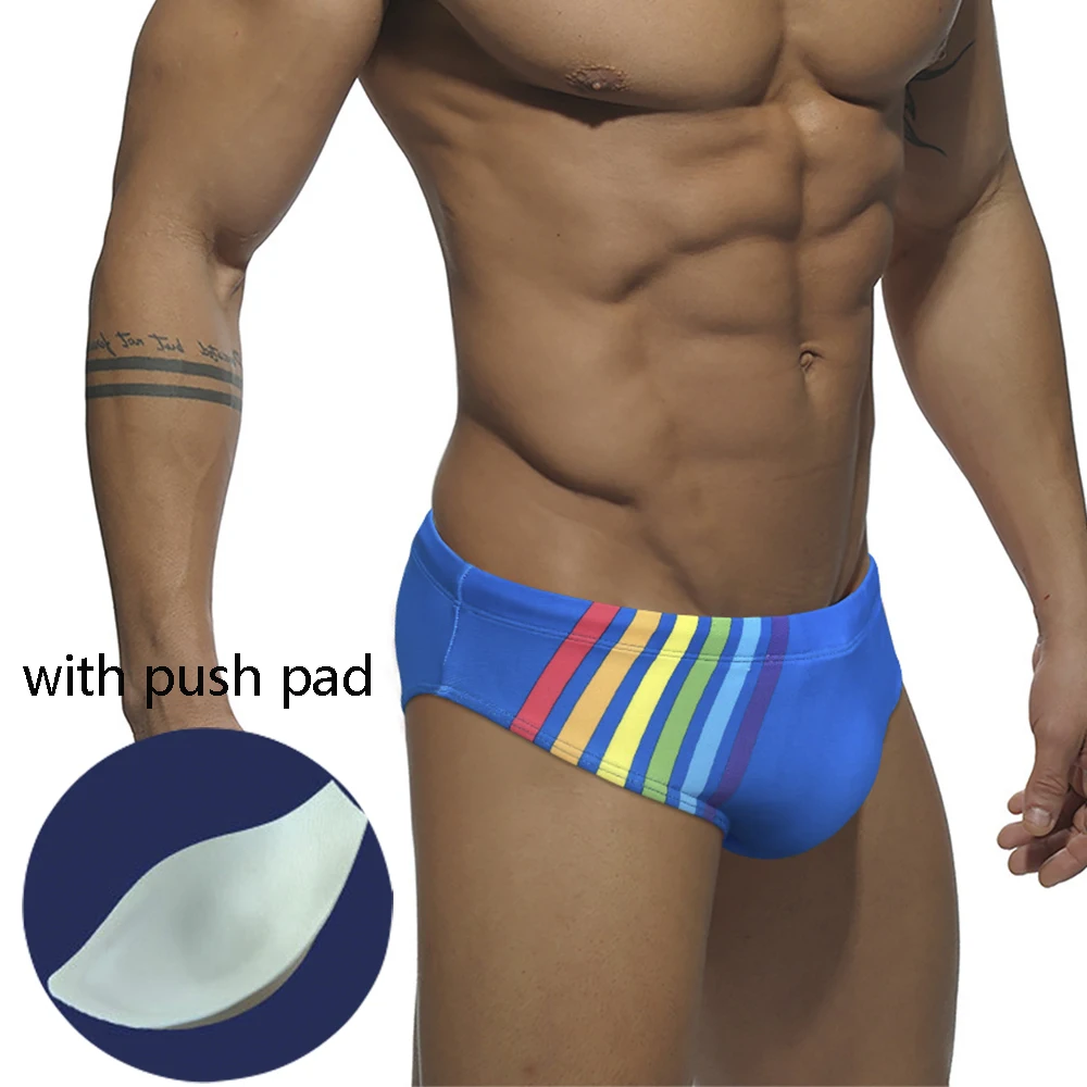 

New Rainbow Swimming Trunks Men's Sexy Belt Push Pad Beach Seaside Youth Swimming Trunks European And American Fashion Briefs