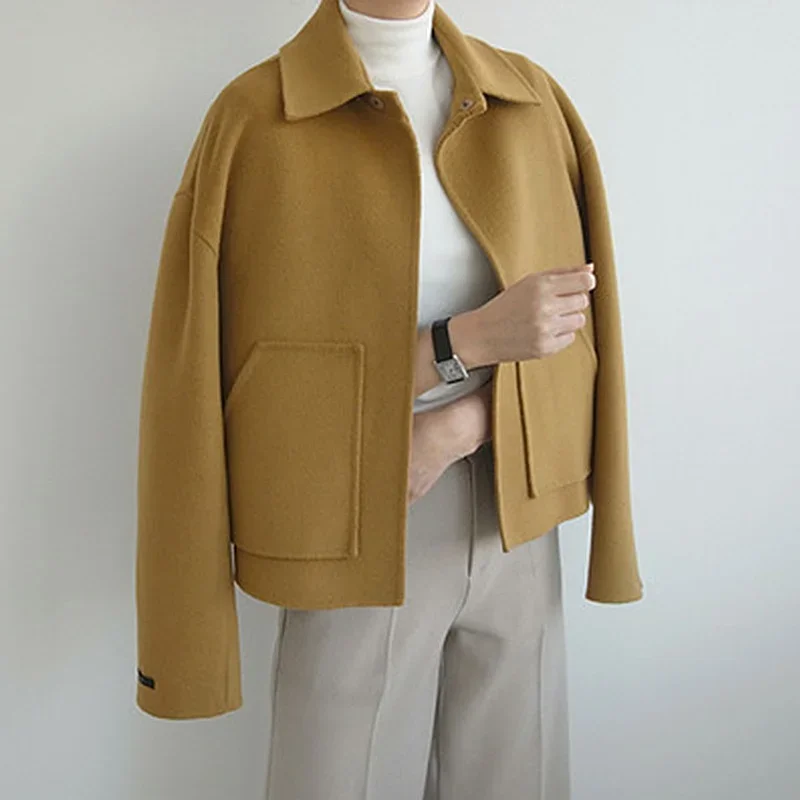 

Drop Shoulder Loose Handmade Wool Coat 2024 Women Autumn Winter Double-Sided Cocoon Woolen Short Coat Oversized Solid Color