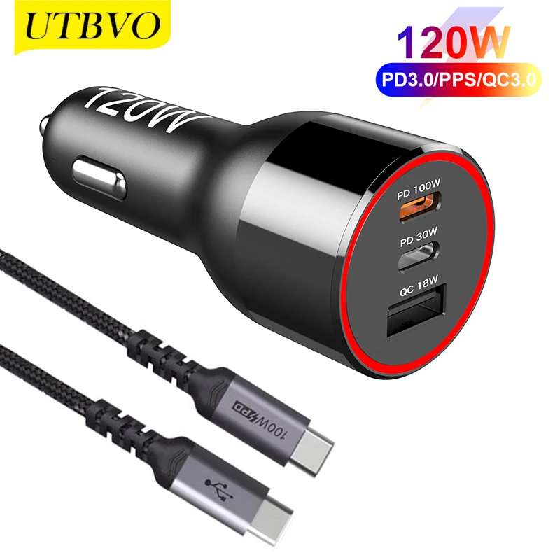 

UTBVO 120W USB C Car Charger, 3-Port PD 100W PPS 45W 30W QC5+ Super Fast Charging for iPhone 14 13 12 Galaxy S22 S21 MacBook Pro