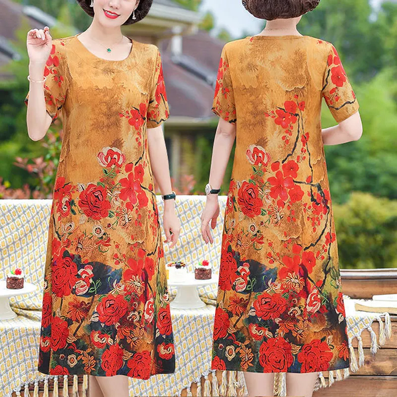 

Casual Vintage Floral Printed Midi Dress Folk Female Clothing O-Neck A-Line 2024 Summer New Short Sleeve Stylish Spliced Dresses