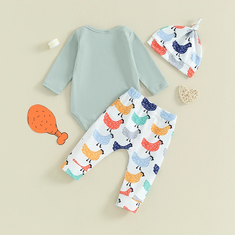 

Newborn Baby Boy Girl Coming Home Outfit Letter Print Romper Pants Hat Set 3Pc Chicken Infant Clothes 0-18 Months