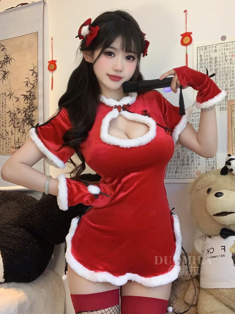 

Рождественское сексуальное платье чонсам, элегантная форма, одежда ханьфу, Женские китайские ретро модные красные платья, топы с коротким рукавом 1PJQ