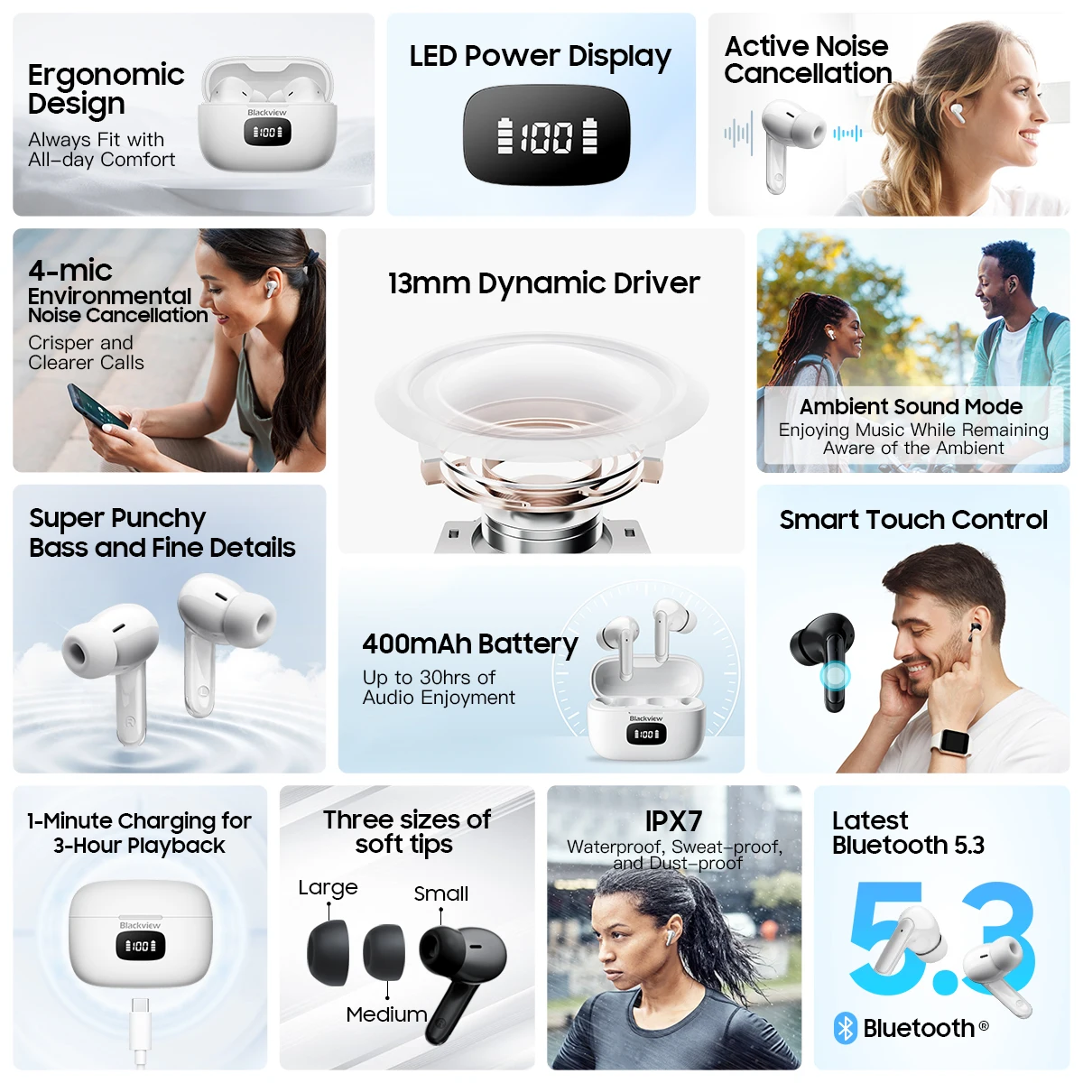 Blackview-Écouteurs Bluetooth 5.3 TWS AirBuds 8, casque d'écoute sans fil, commande tactile, pour sauna, avec microphone 2