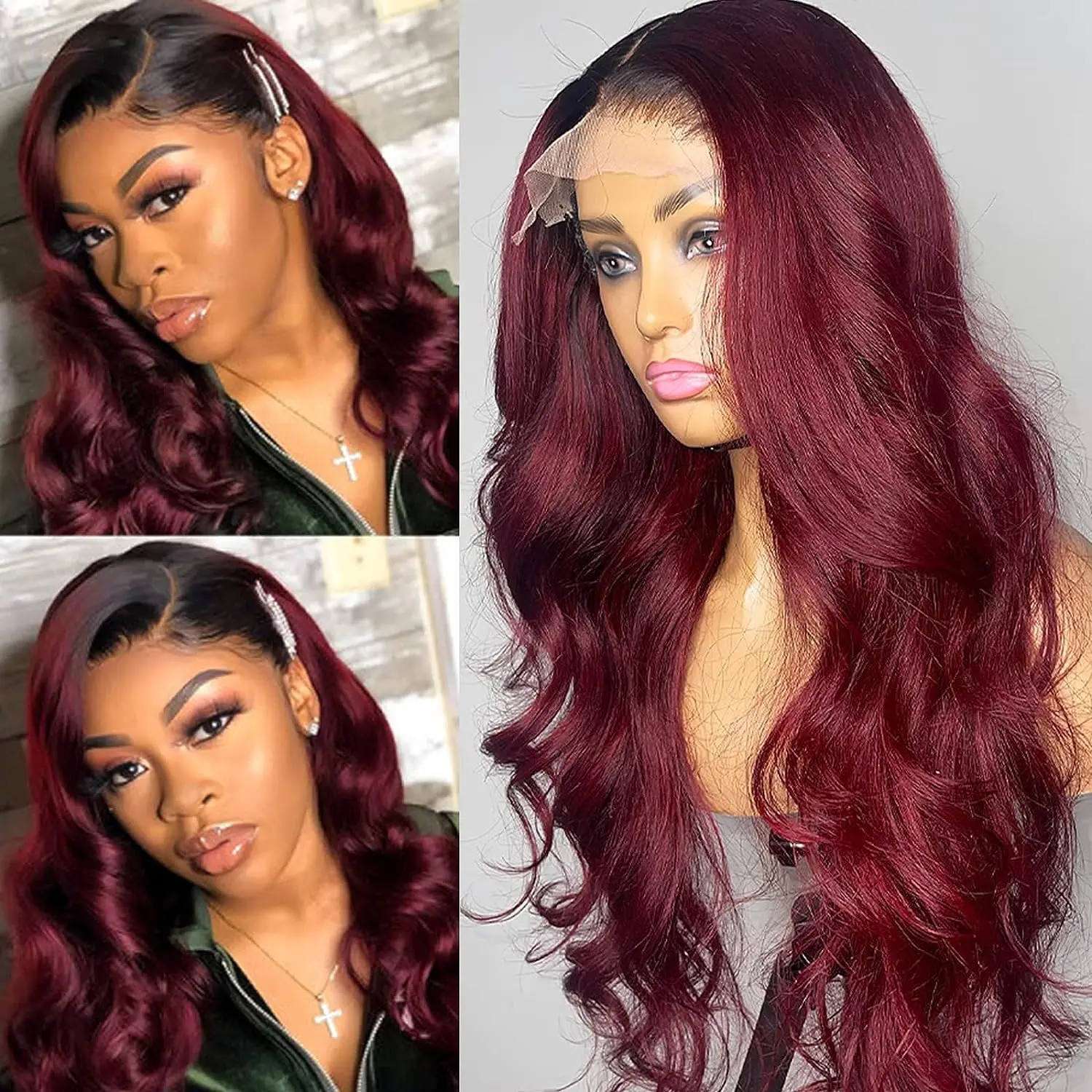 

Ombre Burgundy Synthetic Hair Lace Front Wigs With Natural Hairline For Black Women Body Wave Heat Resistant Wig