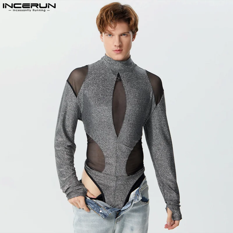 

INCERUN 2024 Sexy Men Rompers Flash Splicing Mesh Perspective Bodysuits Male Half High Neck Triangle Long Sleeved Jumpsuit S-3XL