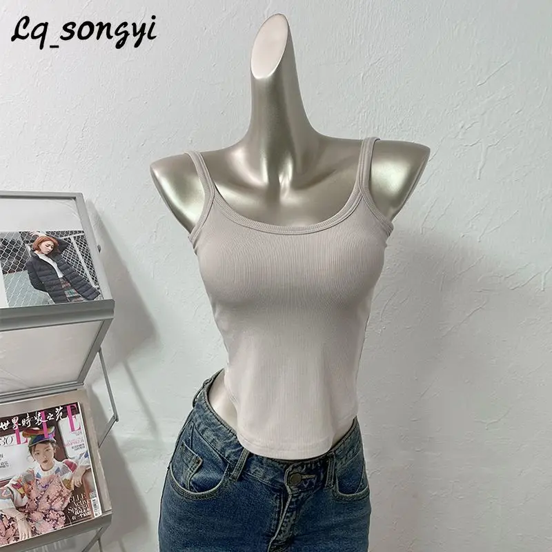 

Lq_songyi Irregular Slim Tanks Top Women Sleeveless Tops with Chest Pads Cotton T Shirts Female Basic Sexy Solid INS Camisole