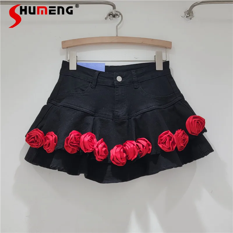 

Women's Red Rose Decorative Short Denim Skirt 2024 Summer New Hot Girl High Waist Slim A- Line Black Ruffled Mini Jean Skirts