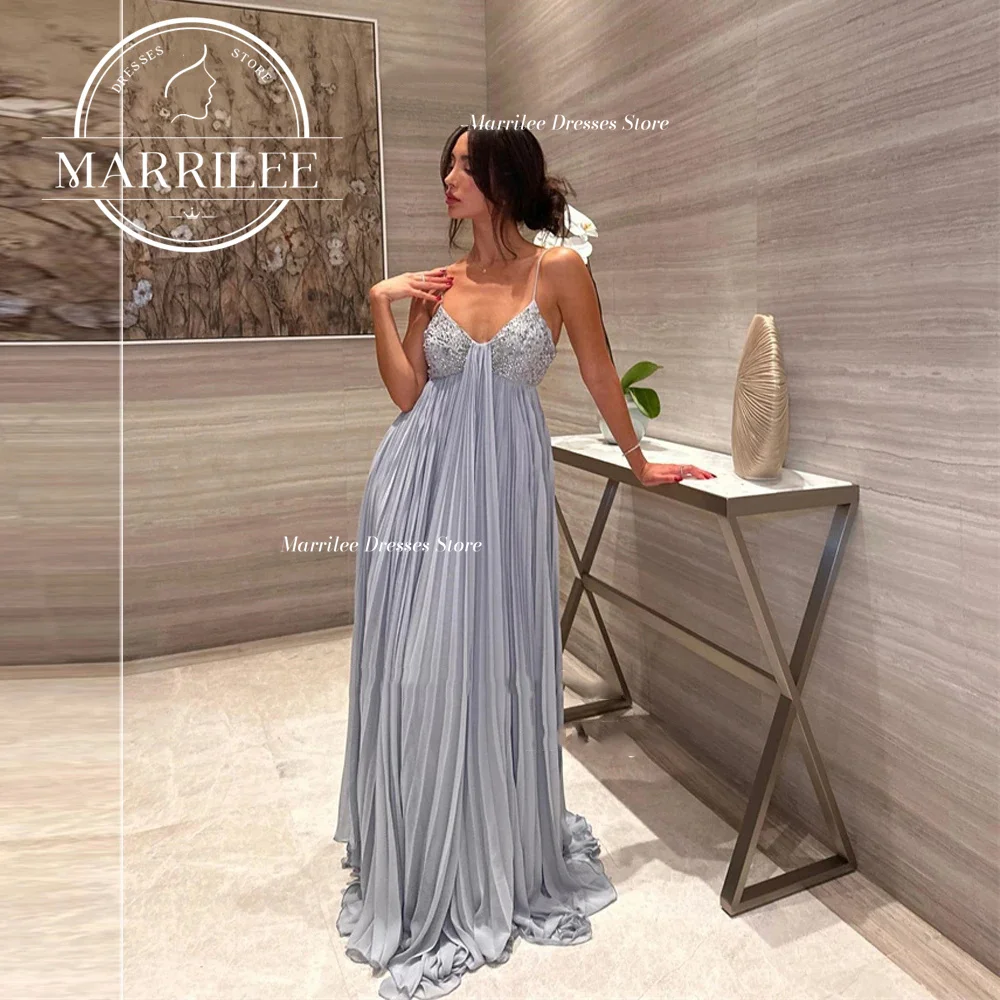 

Marrilee Charming Sequins Spaghetti Straps Chiffon Evening Dress Sweetheart Backless Pleated Sleeveless Floor Length Prom Gowns