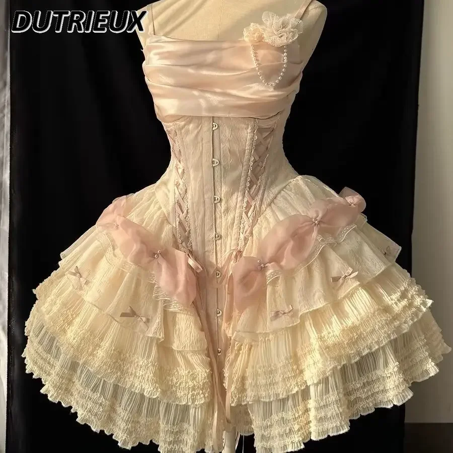 

Lolita Sling Dress Women Elegant Ballet Girl Ruffled Princess Dresses 2024 Summer New Sweet Flowers Beaded Pleated Bubble Dress