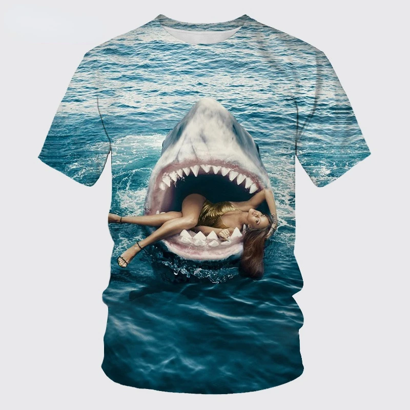 

Ocean Men's Blue Shark 3D Printing Short Sleeve T-Shirt Personality Casual T-Shirt Great White Shark Round Neck T-Shirt