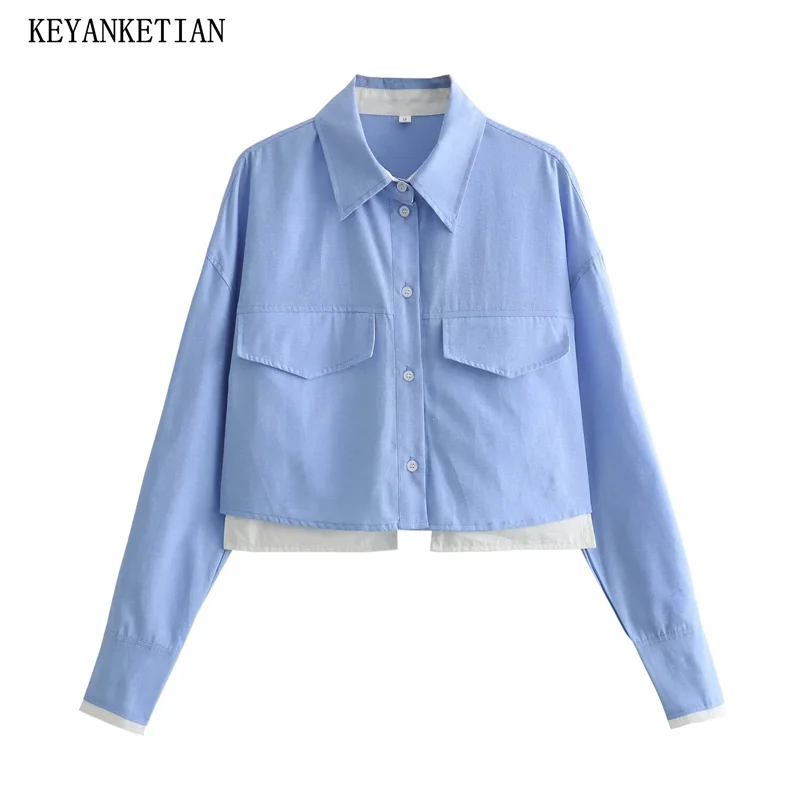 

KEYANKETIAN 2024 New Launch Women's Short Oxford Shirt American Retro Seam Detail Patch Pockets Loose BlueCrop Top Blouse Female