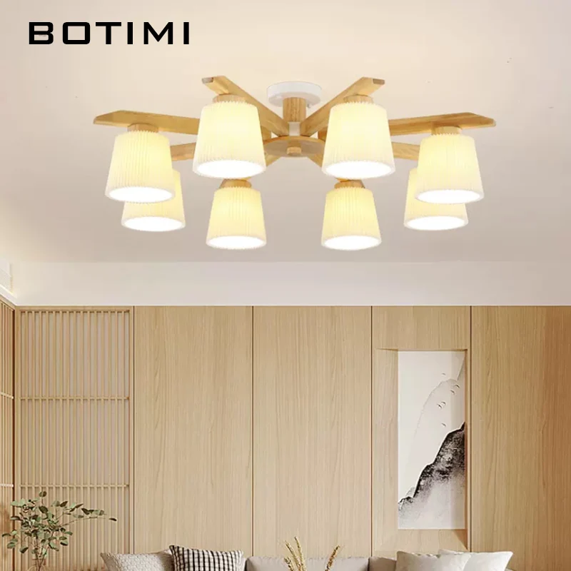 

BOTIMI Solid Wood Chandelier With Fabric Lampshades For living Room Modern Wooden Bedroom LED Lustres Dining Lights Bedroom