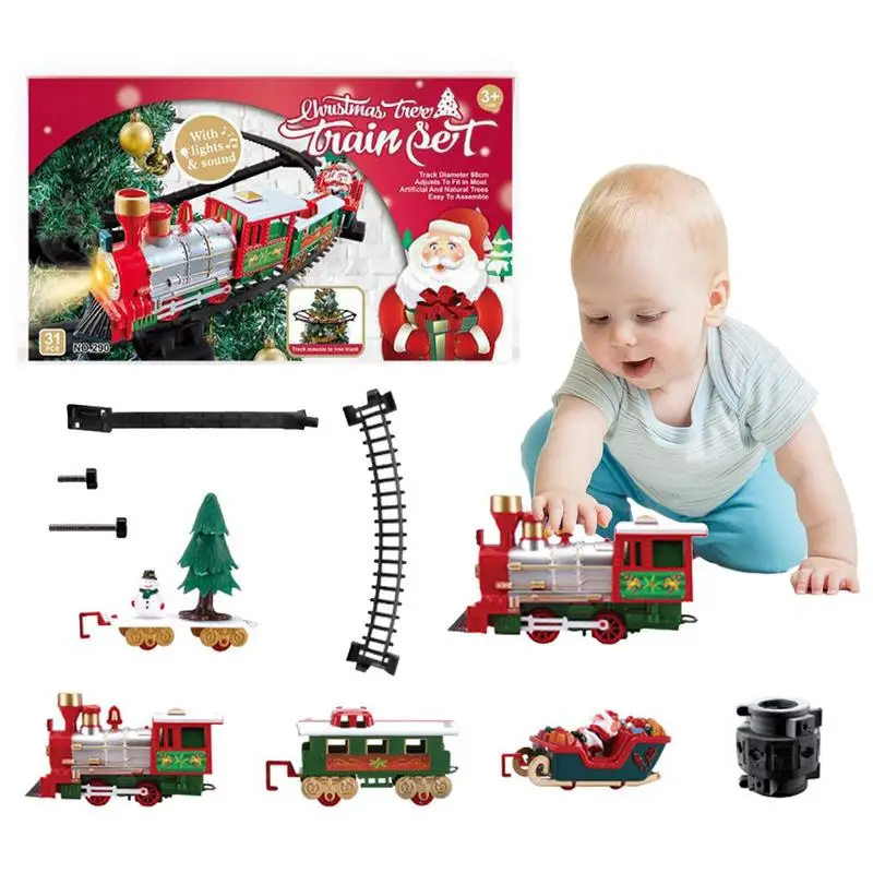 

Игрушечный поезд на батарейках, анимационный поезд вокруг елки, рождественские и новогодние игрушки, набор электрического поезда с игрушкой со звуком света