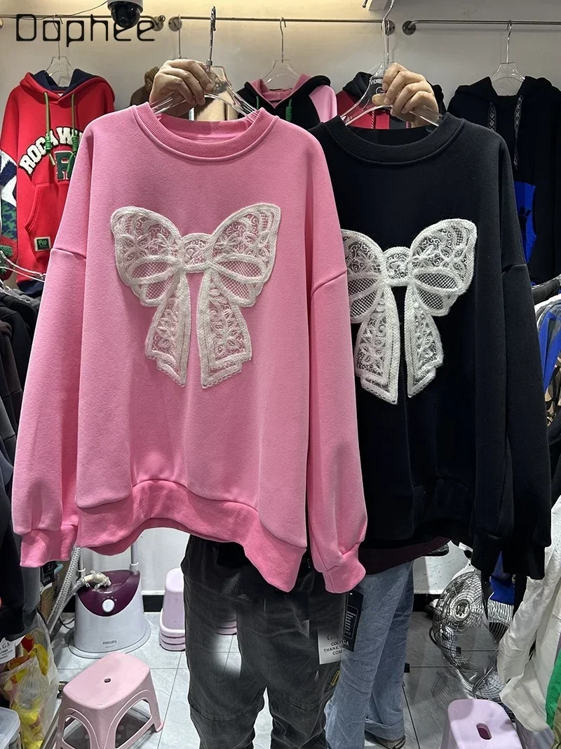 

Женский флисовый пуловер средней длины, Свободный свитшот с длинным рукавом и круглым вырезом, с вышивкой и бантом, Осень-зима 2023