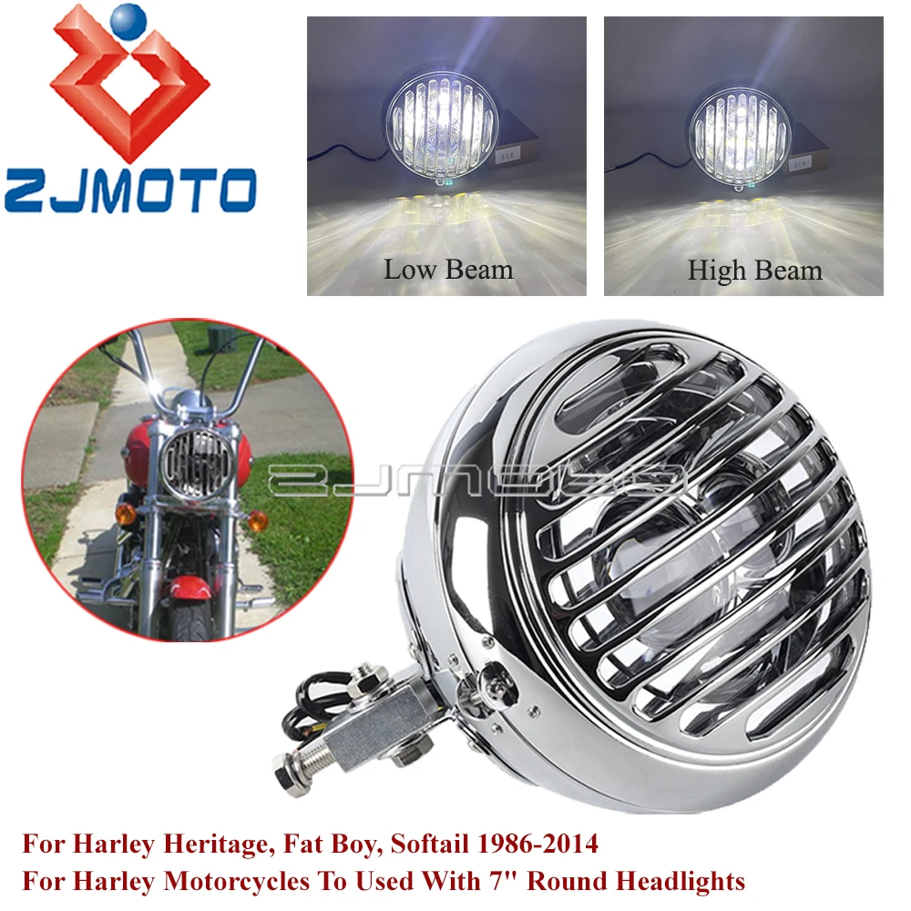 

7 inch LED Headlight Motorcycle Retro Grill Headlamp Hi/Lo Beam Front Head Light For Harley Softail Heritage Touring Cafe Racer