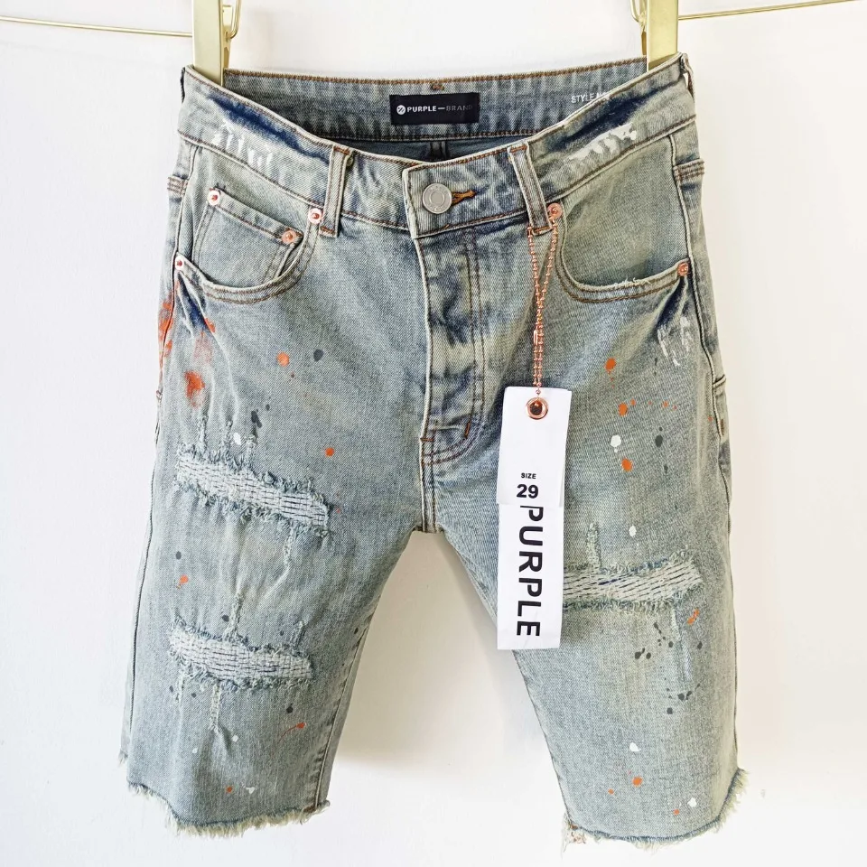 

Purple brand jeans with vintage burr edges and holes, washed denim shorts for men Repair Low Raise Skinny Denim pants