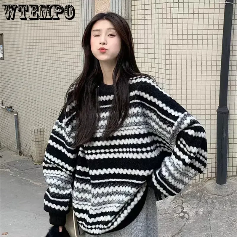 Свитер WTEMPO с круглым вырезом, вязаная одежда в полоску, Женский пуловер в Корейском стиле, женская одежда на осень и зиму, повседневный свободный джемпер, 2023
Свитер WTEMPO с круглым вырезом, вязаная одежда в полоску, Женский пуловер в Корейском стиле, женская одежда на осень и зиму, повседневный свободный джемпер, 2023