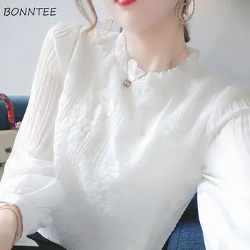 Blusas Casuais de Verão: Uma Toque de Elegância e Conforto 11 Long Lantern Sleeve blouses Women Chiffon Lace Flower Embroidery Vintage Solid Loose Retro Baggy O-neck All-match Spring Fall