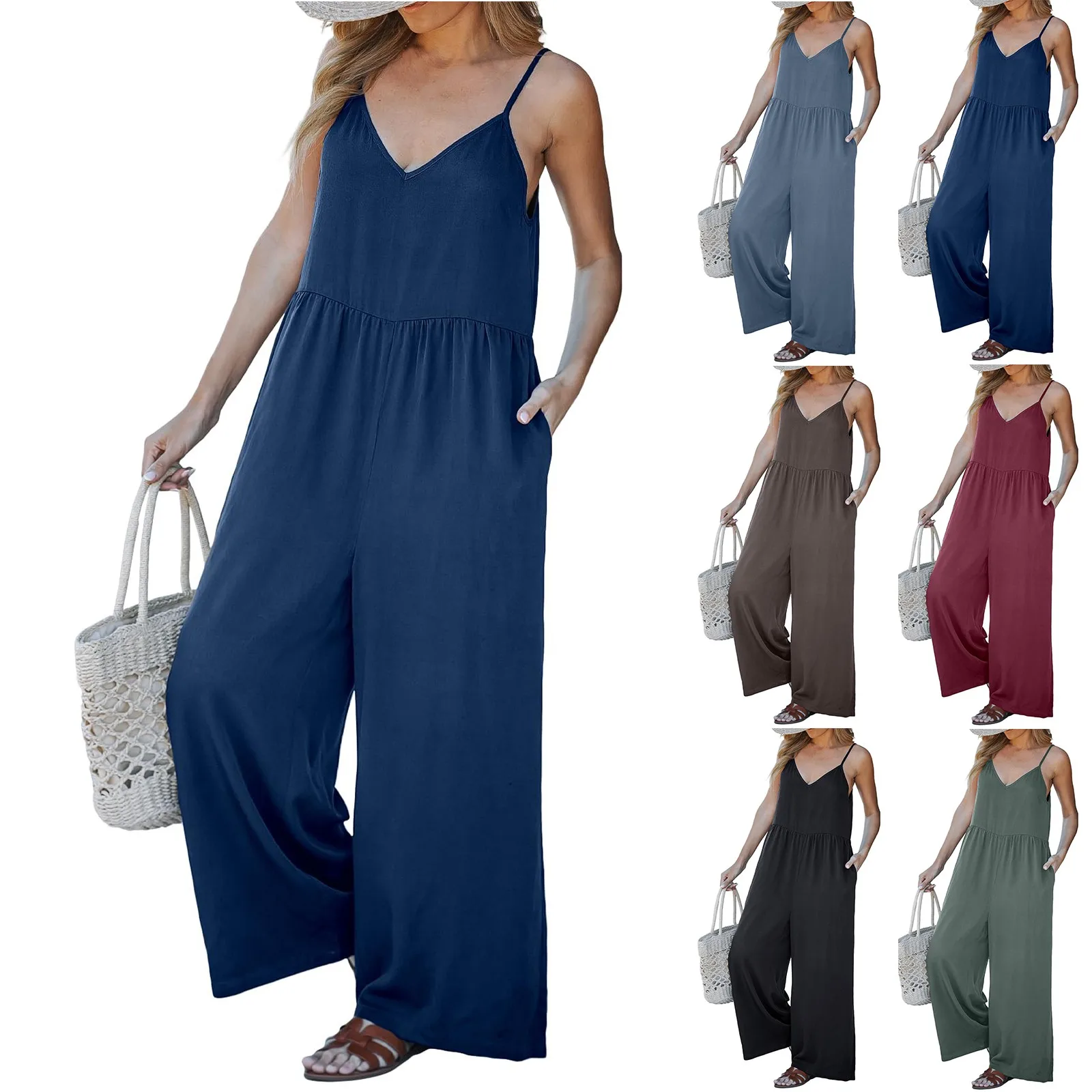 

Wide Leg Jumpsuits For Women Sleeveless Baggy Casual Summer Flowy Loose Spaghetti Strap Jumpsuit With Pockets monos largos