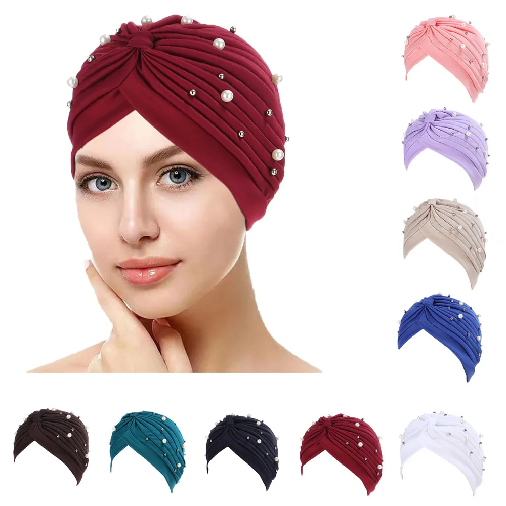 

New Women Beaded Turban Knot Muslim Hijab Beanie Bonnet Cancer Chemo Cap Hair Loss Cover Bandana Headscarf Wrap Turbante Mujer